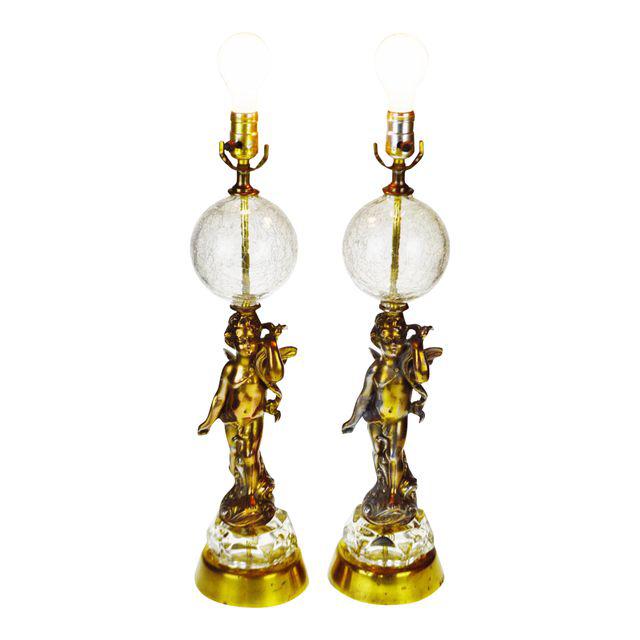 Lamp, Cherub, Hollywood Regency, Brass, Crystal, Table Lamp