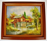 Vintage Framed Country Landscape Waterwheel Oil Painting on Canvas - Signed