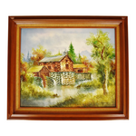 Vintage Framed Country Landscape Waterwheel Oil Painting on Canvas - Signed