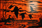 Vintage Professionally Framed Black on Blaze Orange Water Fowl Artwork
