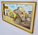 Large European Village Scene Framed Oil Painting on Canvas Signed Mayor
