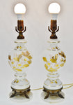 Vintage Decorated Satin Glass Table Lamps w/ Marble Bases - A Pair
