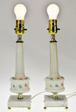 Vintage Hand Painted Satin Glass w/ Marble Base Boudoir Lamps - A Pair