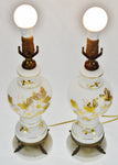 Vintage Decorated Satin Glass Table Lamps w/ Marble Bases - A Pair