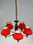 Vintage 5 Light Ribbed Cranberry Glass Student Shade Chandelier
