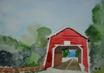 Vintage Framed Covered Bridge Landscape Watercolor - Artist Signed