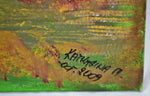 Vintage Large Oil on Canvas Landscape Painting w/ Natural Leaf Applique - Artist Signed