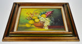 Vintage Framed Oil on Canvas Still Life of Flowers in Wicker Basket - Artist Signed