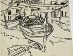 Vintage Framed Boats on Shore Drawing - Artist Signed