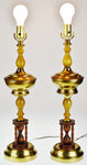 Vintage Brass and Wood Hourglass Design Table Lamps - A Pair