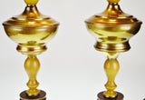 Vintage Brass and Wood Hourglass Design Table Lamps - A Pair