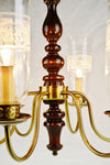 Vintage 6 Arm Wood Brass & Glass Chandelier
