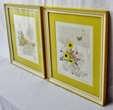 Mid Century Turner Wall Art Mixed Media Floral Prints - A Pair