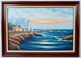 Vintage Framed Nautical Lighthouse Seascape Oil on Canvas - Artist Signed