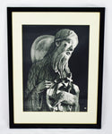 Vintage Framed Black and White Religious Print Jesus and Lamb