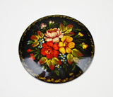 Vintage Hand Painted Floral Black Lacquered Brooch Hand Made in Russia