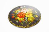 Vintage Hand Painted Floral Black Lacquered Brooch Hand Made in Russia