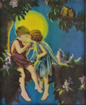 Vintage Framed Print of Children on Tree Branch Under Moonlight