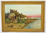 Antique Framed Oil on canvas Thatched Roof Cottage Seascape - Artist Signed