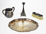 Early Silver Plate Accent Pieces, Tray, Vessel, Brush, Candle Holder