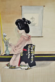 Vintage Framed Ink & Watercolor Japanese Geisha Painting - Artist Signed