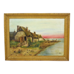 Antique Framed Oil on canvas Thatched Roof Cottage Seascape - Artist Signed