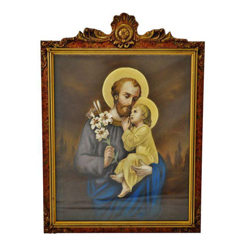 Antique Original Pastel St. Joseph and Baby Jesus in Carved Wood Frame