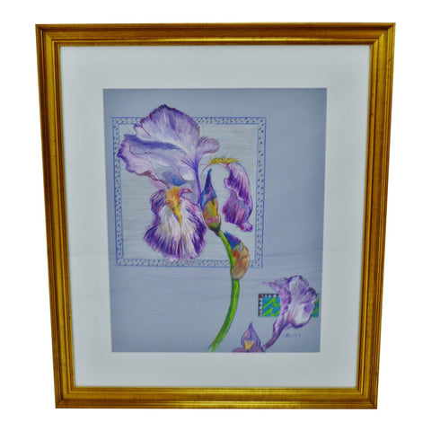 Vintage Framed Colored Pencil Iris Drawing - Artist Signed