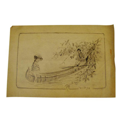Original Artist Signed Victorian Pencil on Paper Sketching of Courting Couple