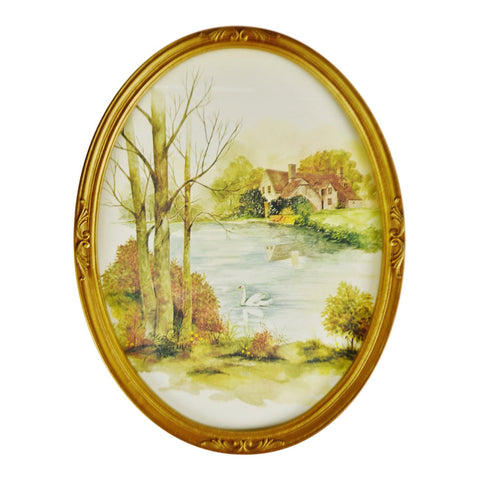 Vintage Oval Framed F. Massa Landscape Scene Watercolor Print