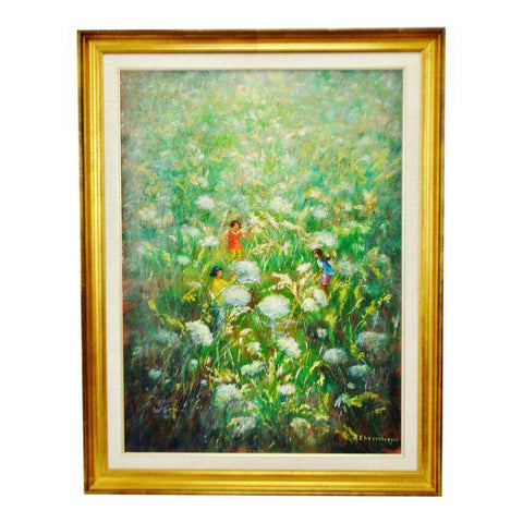 Vintage Framed Oil on Canvas Painting of Children Playing in Dandelion Field - Signed