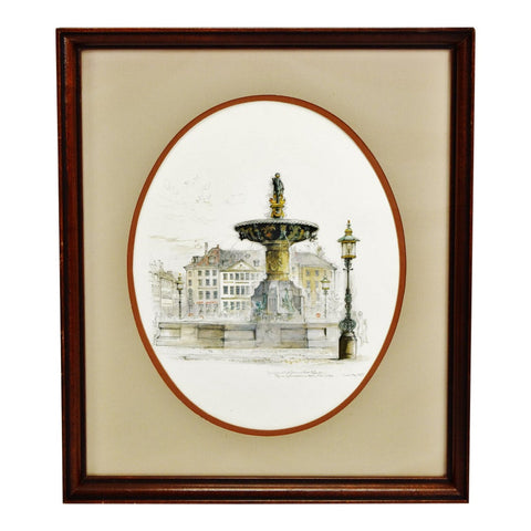 Vintage Nicely Framed European Fountain Scene Print