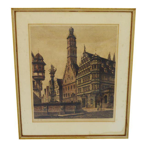 Hand Colored Etching of Rothenburg St. George Brunnen