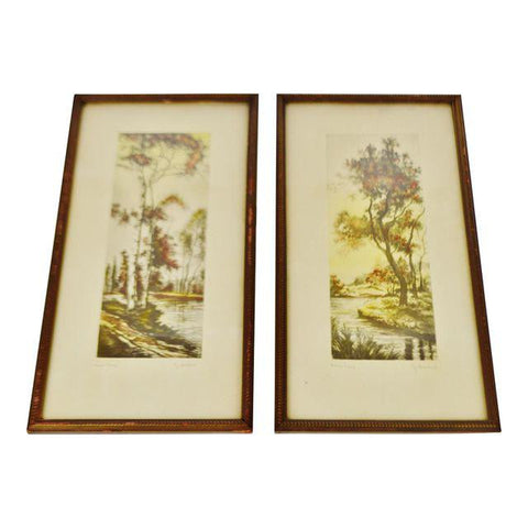 Vintage Pencil Signed French Prints Titled Oise River and Near Paris by G. Anibal