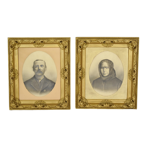 Antique Gilt Gesso Frames w/ Charcoal Portraits - A Pair