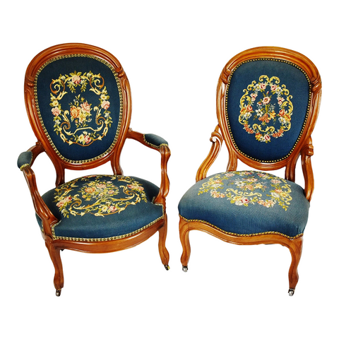 Antique Victorian Needlepoint Parlor Chairs - A Pair