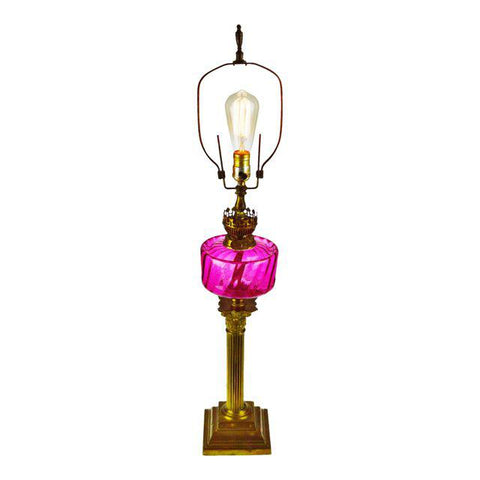 Victorian English Made Cranberry Glass Font Duplex Oil Lamp - Electrified