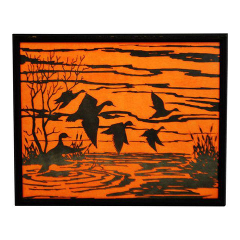 Vintage Professionally Framed Black on Blaze Orange Water Fowl Artwork